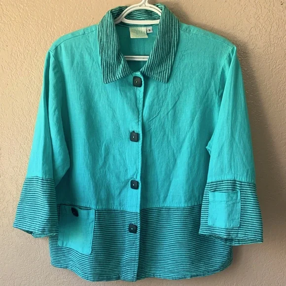 Mill Valley Clothing Co. 100% Linen Colorblock Teal Sleeve Pocket Jacket Size S - Picture 2 of 7
